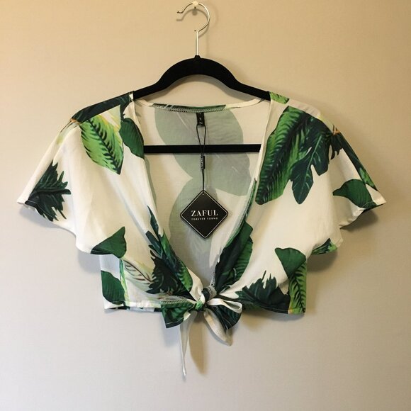 NWT Zaful Tropical Botanical Cropped Tie Up Top - Picture 2 of 15
